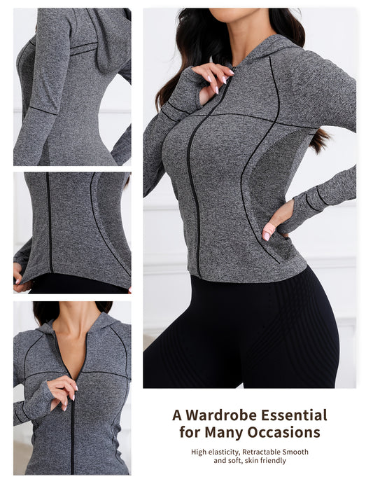 Women's Quick-Dry Hooded Running Jacket - Long Sleeve Zip-Up for Running & Fitness