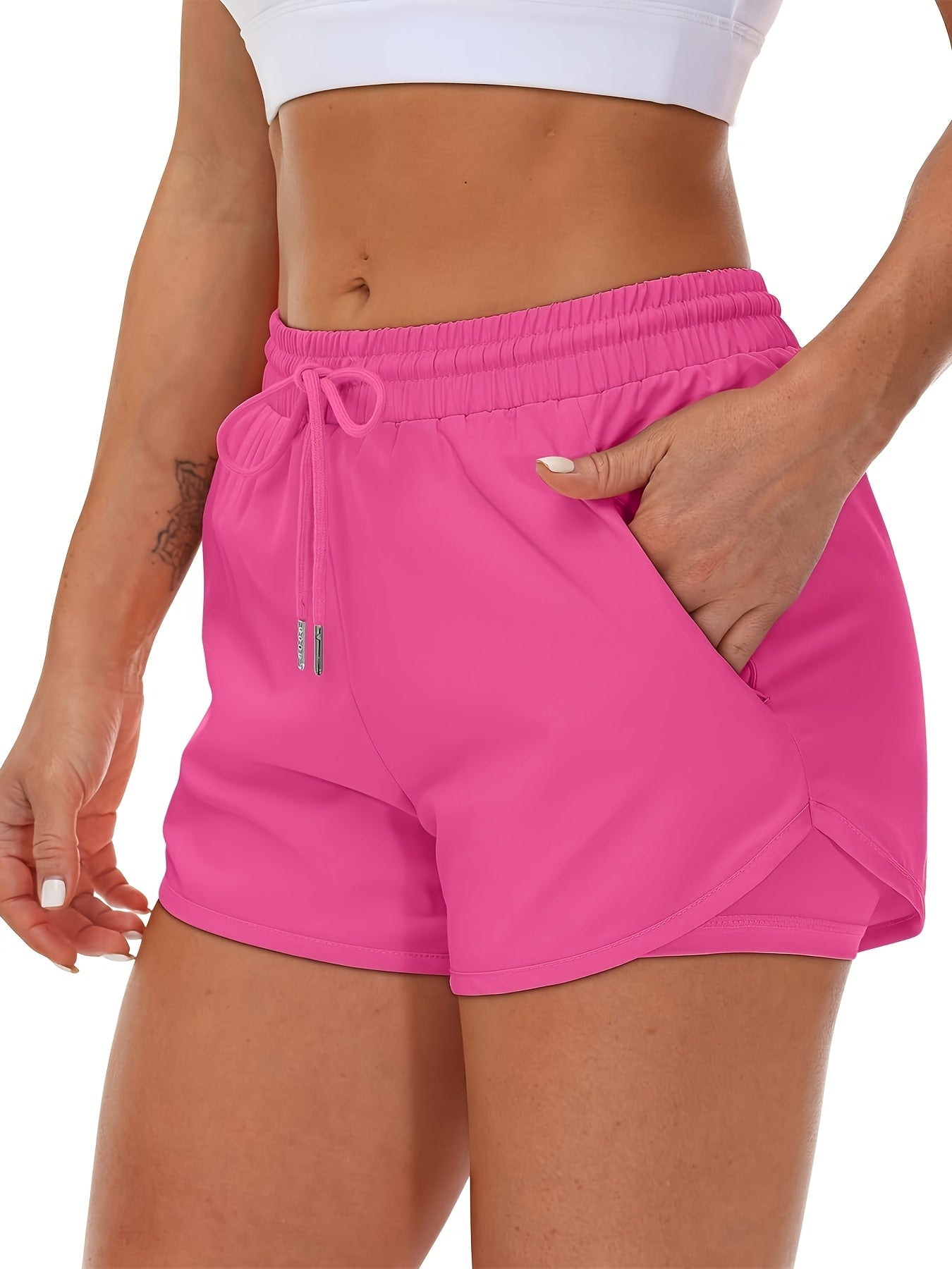 Women's Casual Running Shorts - Beige with Drawstring & Multiple Pockets