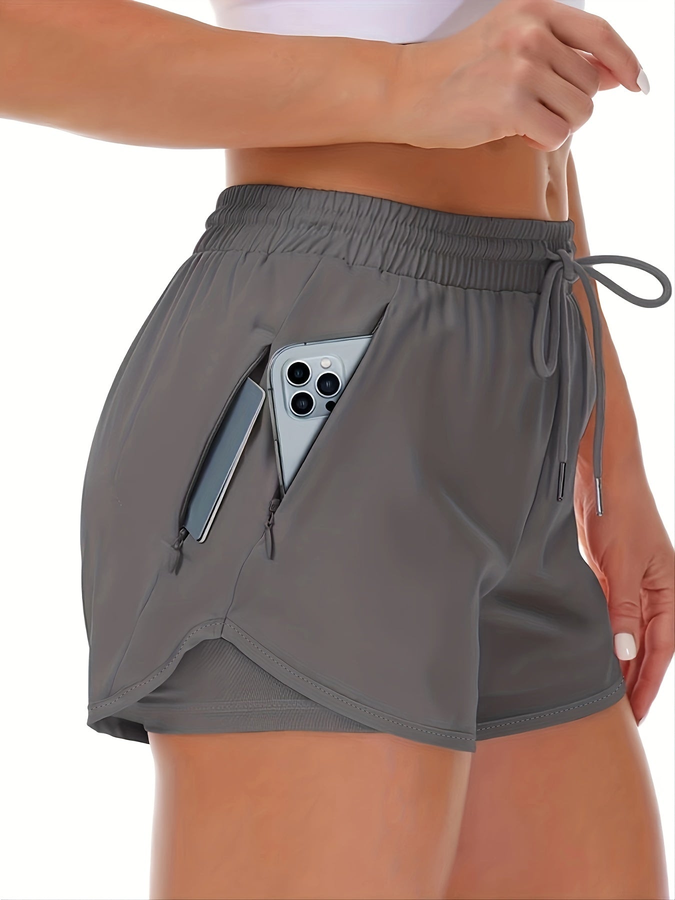 Women's Casual Running Shorts - Beige with Drawstring & Multiple Pockets