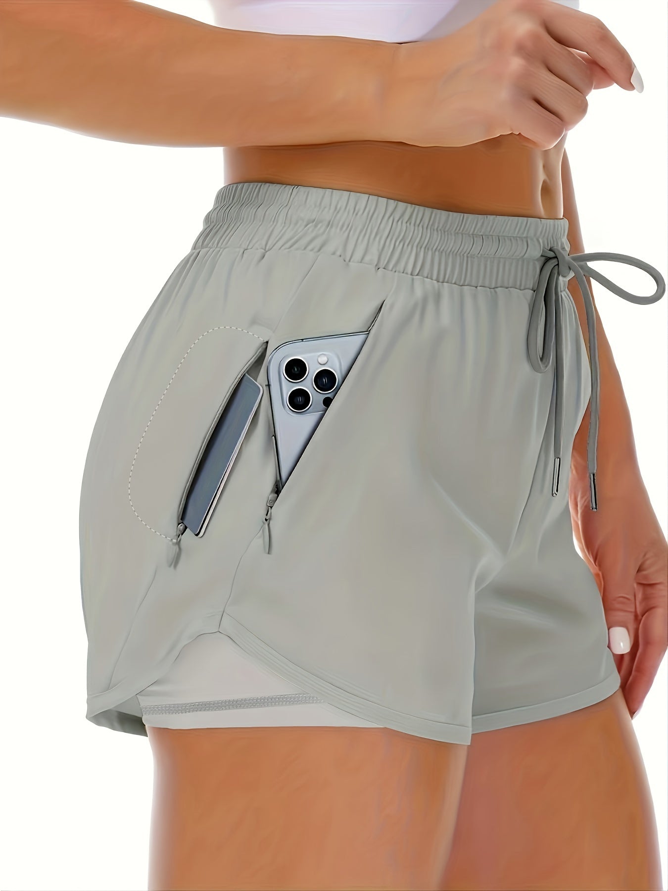 Women's Casual Running Shorts - Beige with Drawstring & Multiple Pockets