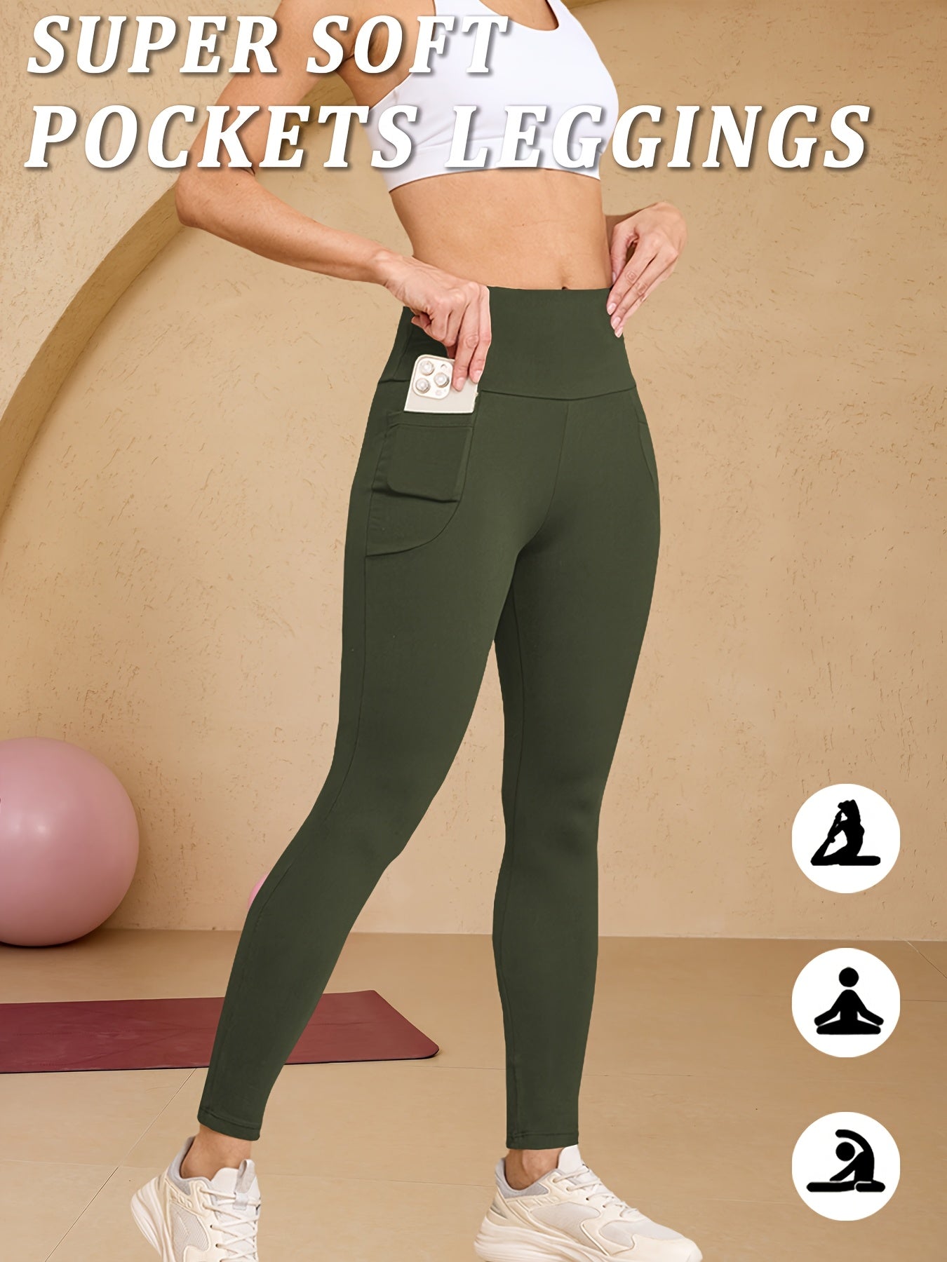 High-Waisted Running Leggings - Tummy Control Workout Pants with Pockets