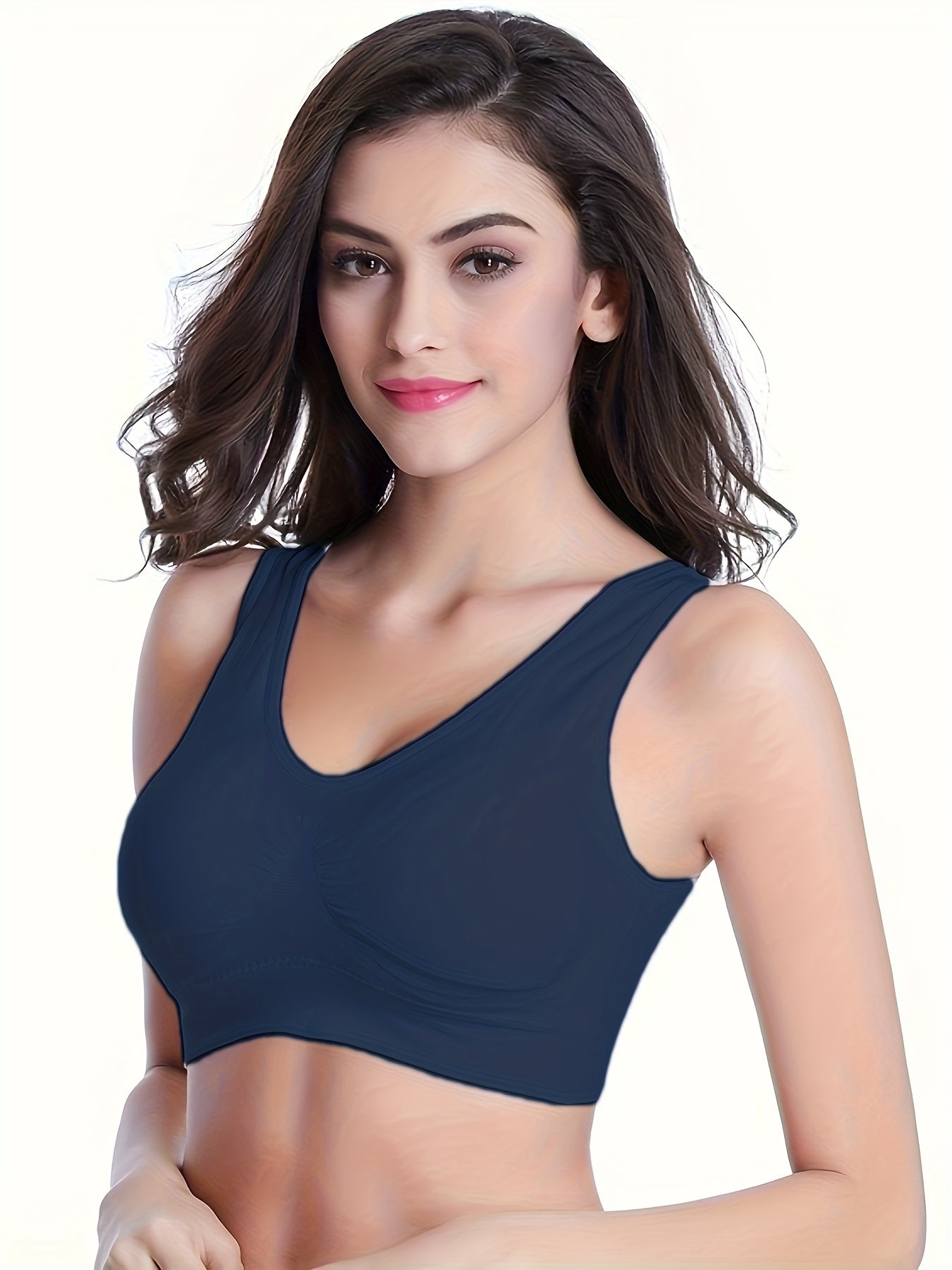  Woman wearing purple seamless wireless sports bra