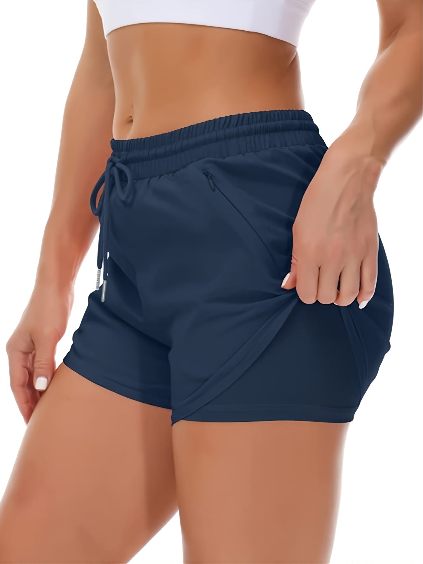 Women's Casual Running Shorts - Beige with Drawstring & Multiple Pockets