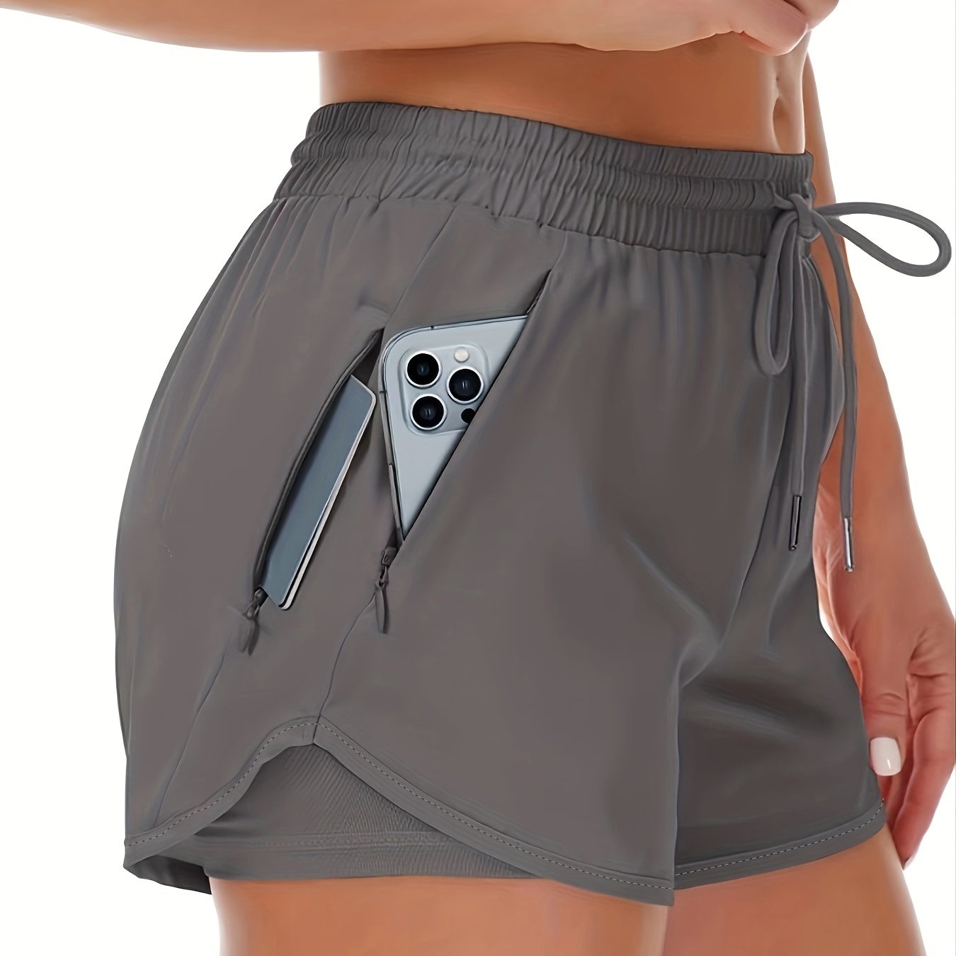 Women's Casual Running Shorts - Beige with Drawstring & Multiple Pockets