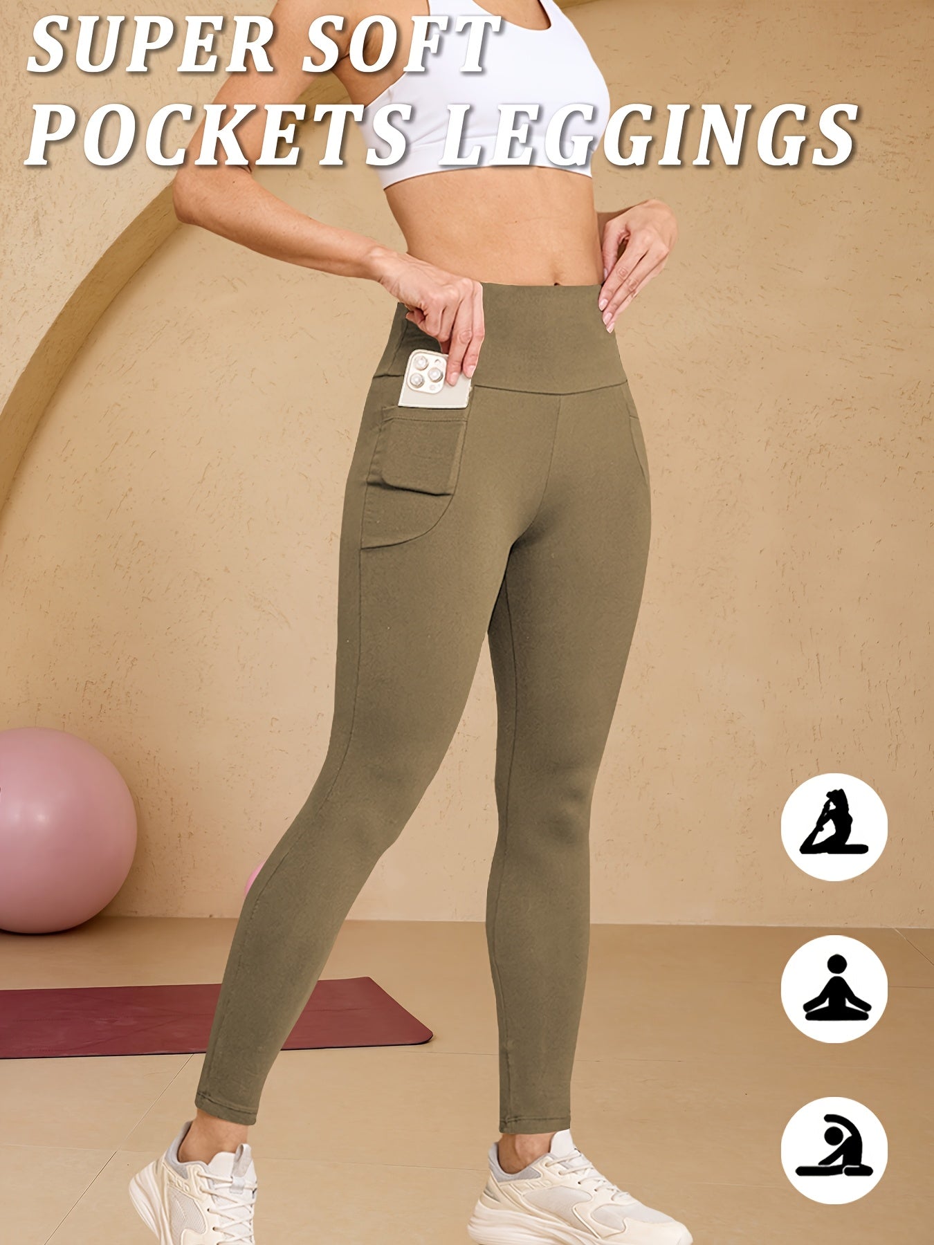 High-Waisted Running Leggings - Tummy Control Workout Pants with Pockets