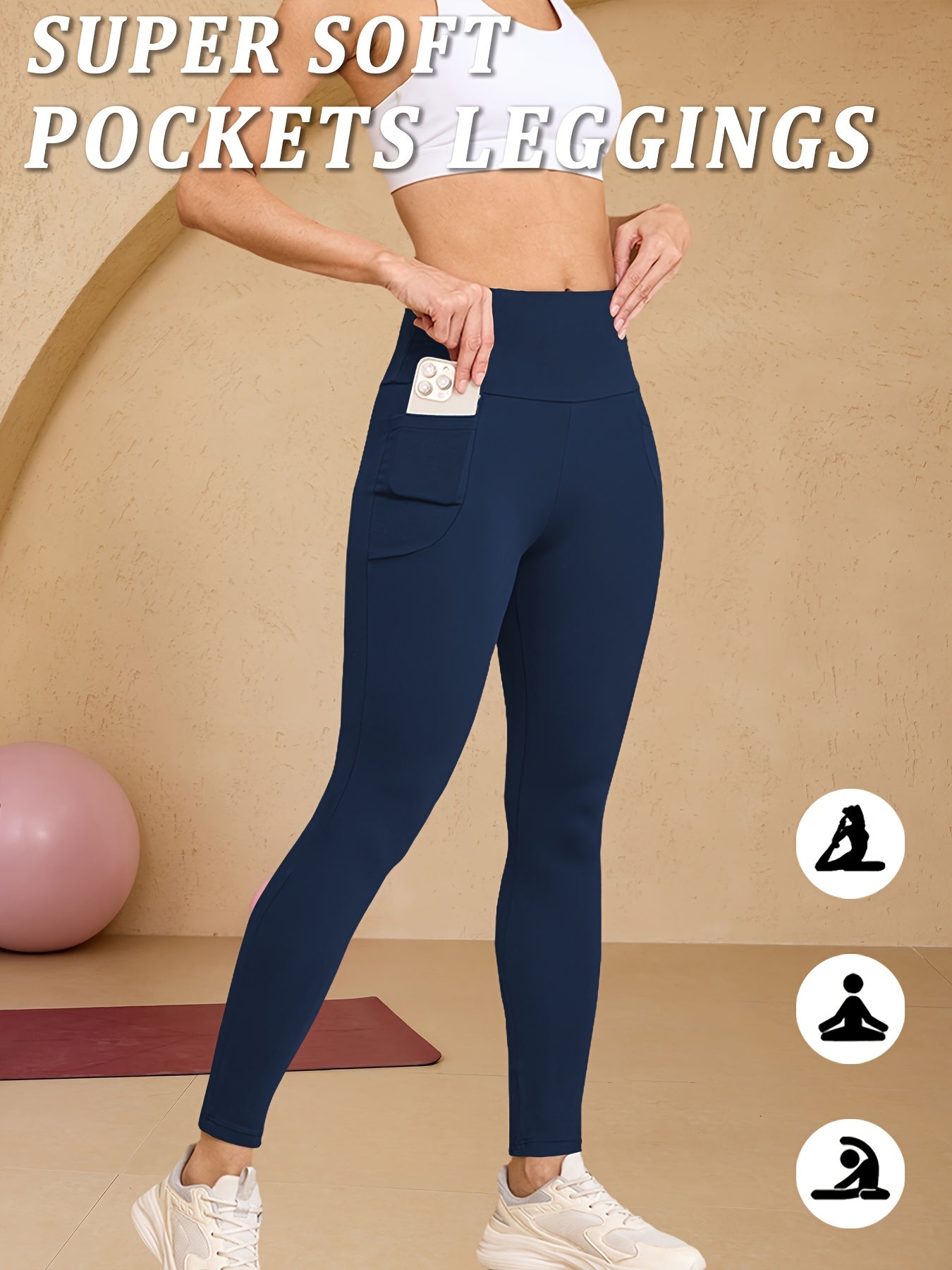 High-Waisted Running Leggings - Tummy Control Workout Pants with Pockets