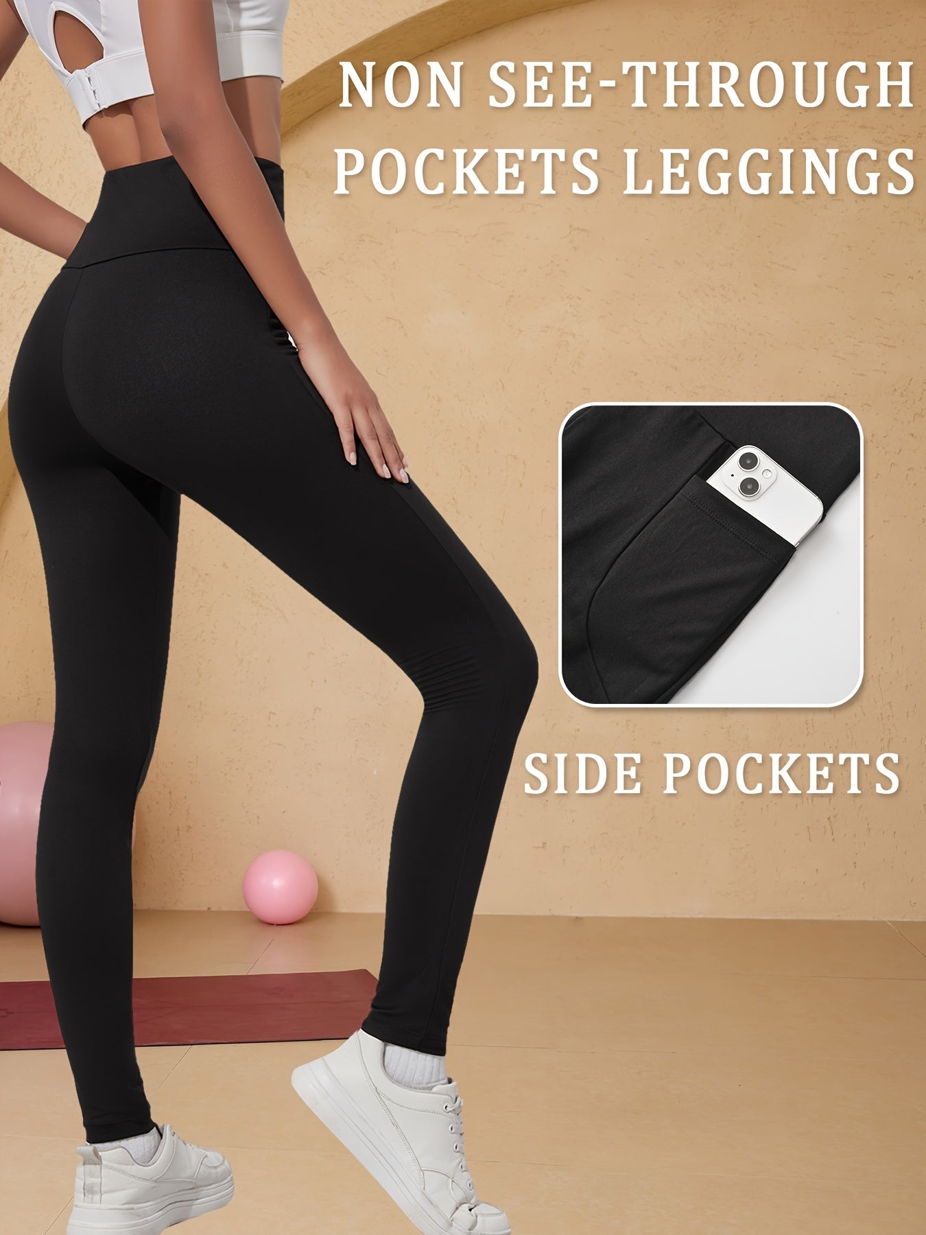 High-Waisted Running Leggings - Tummy Control Workout Pants with Pockets