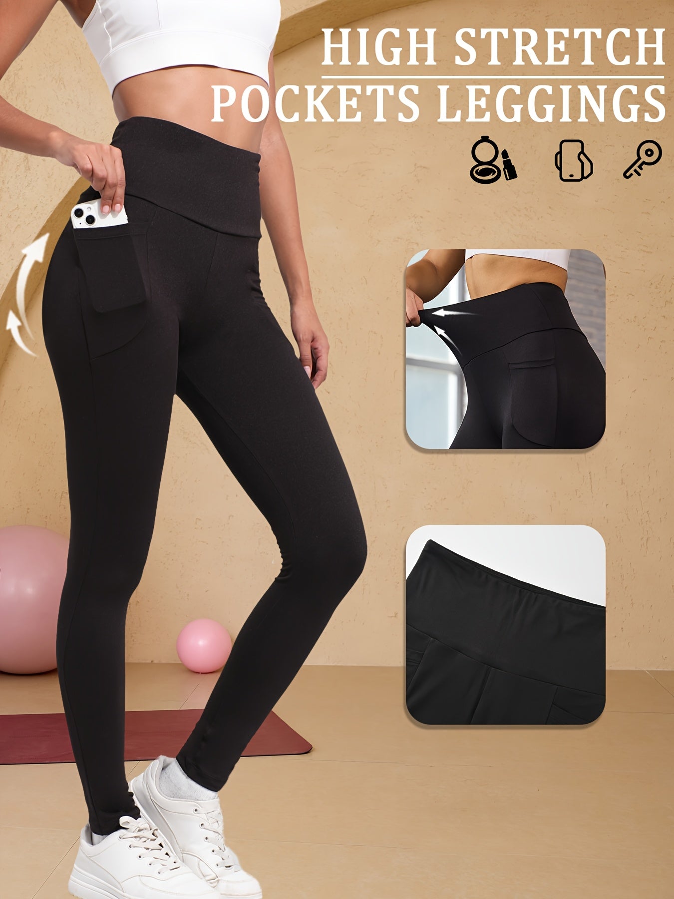 High-Waisted Running Leggings - Tummy Control Workout Pants with Pockets