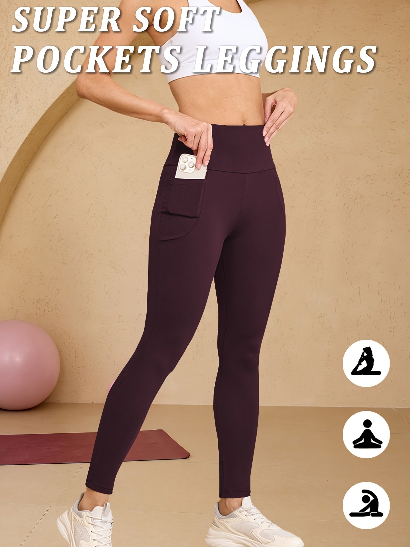 High-Waisted Running Leggings - Tummy Control Workout Pants with Pockets