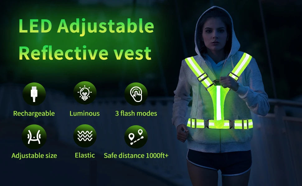 LED Reflective Running Vest - Rechargeable High-Visibility Safety Vest with 5 Light Colours