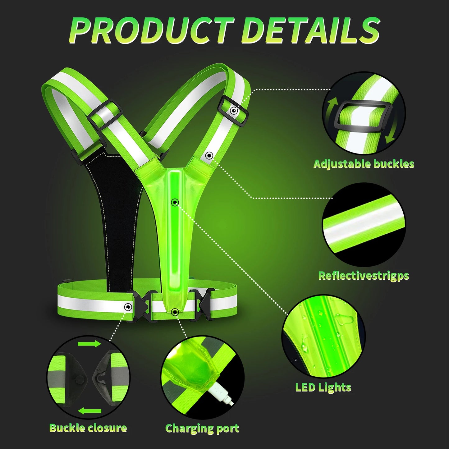 LED Reflective Running Vest - Rechargeable High-Visibility Safety Vest with 5 Light Colours