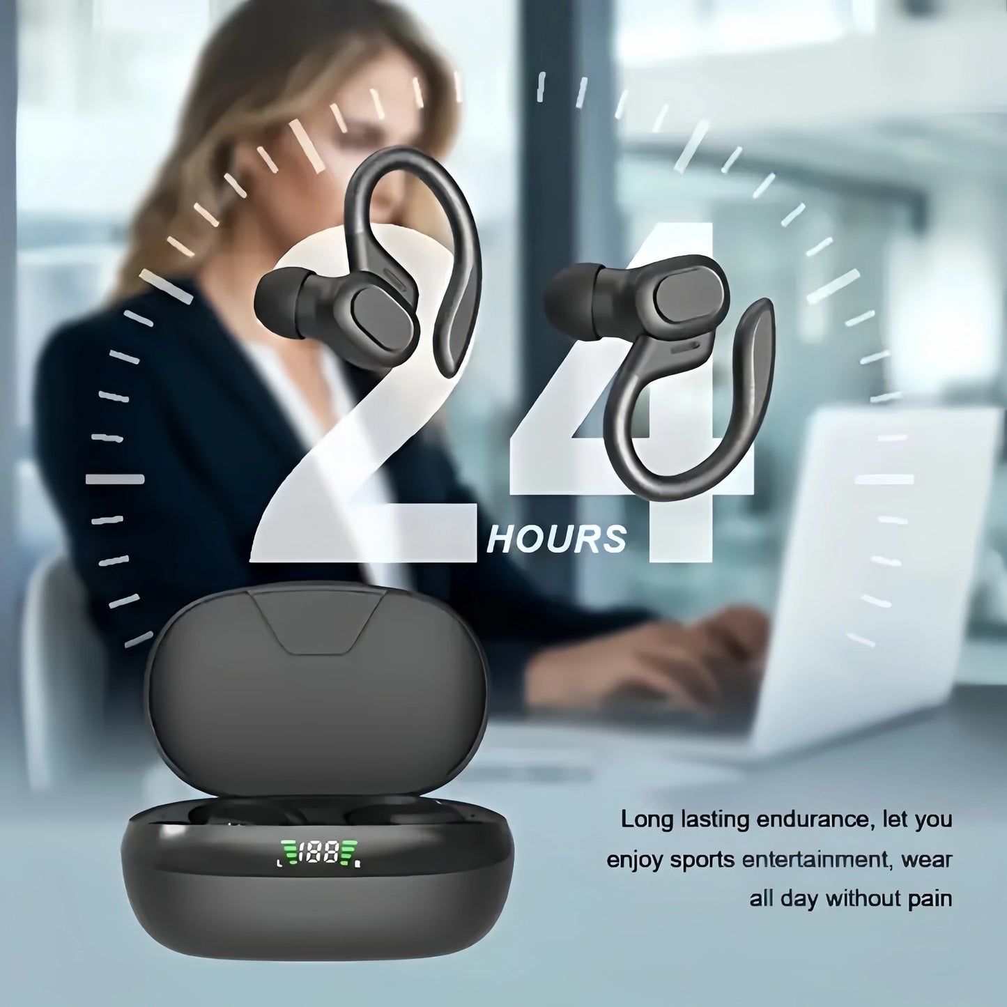 True Wireless Sports Earbuds – Ear Clip Design with Mic & LED Display