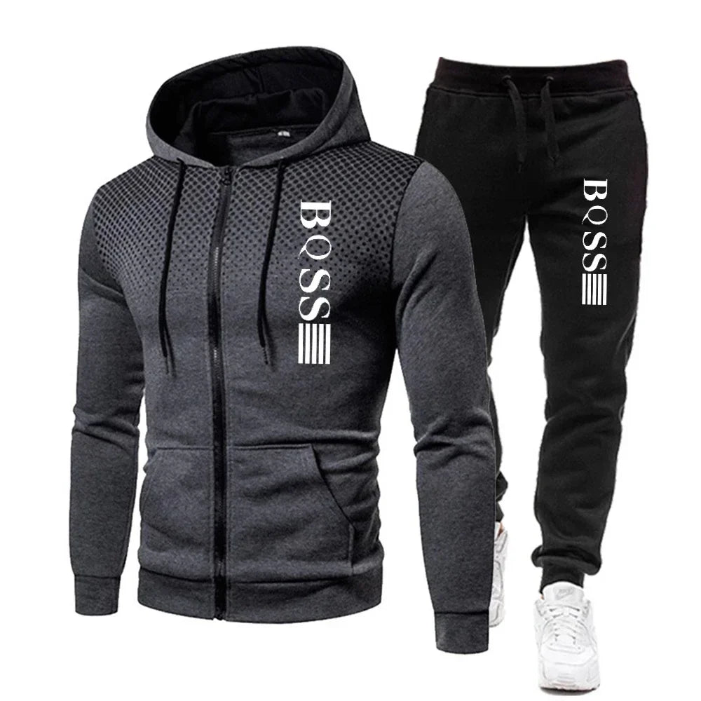 Men's fashion print zip-up tracksuit with matching sweatpants, sizes S-XXXL, all-season running & gym wear | Jog4les
