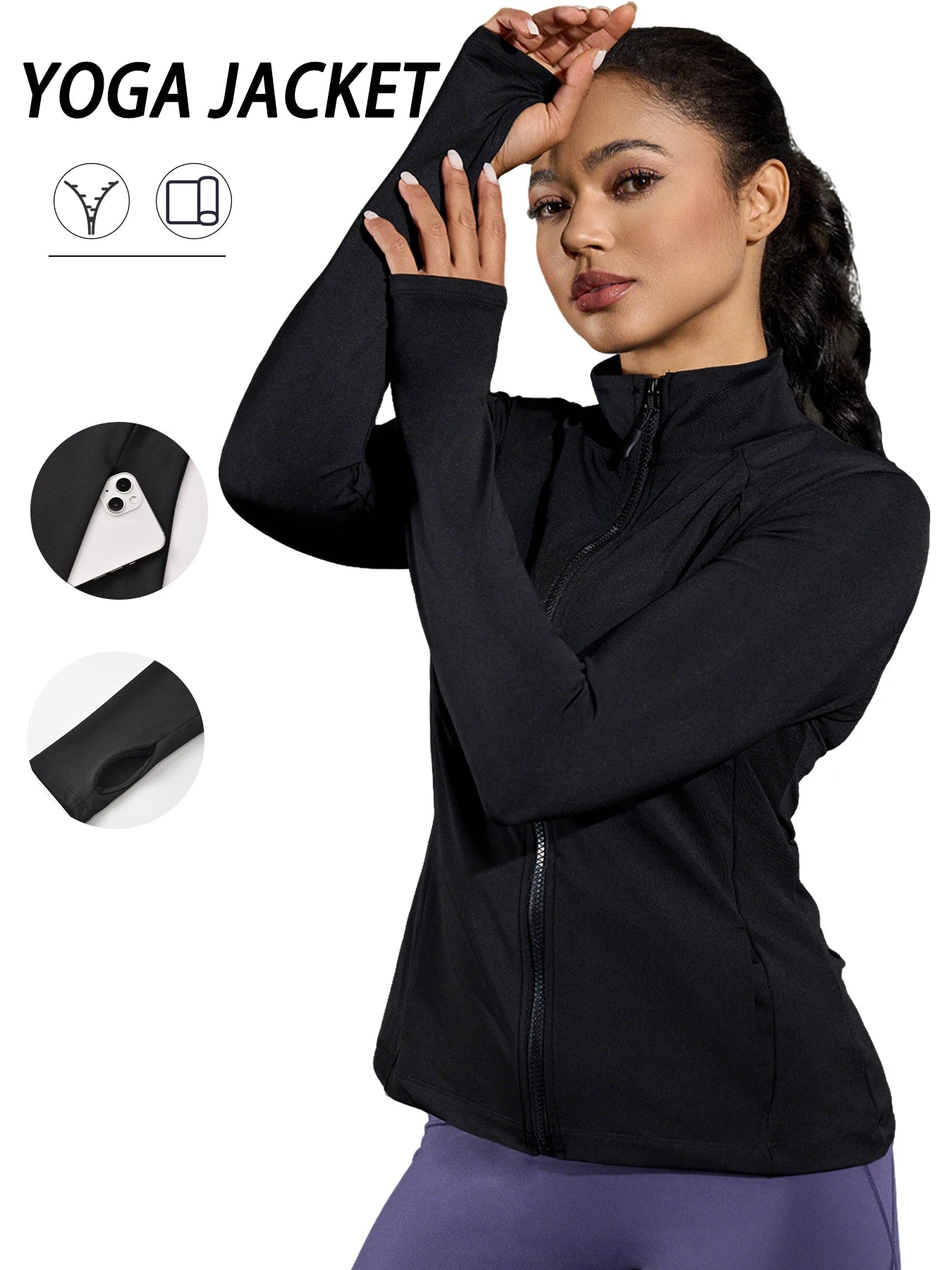 Women's full zip running jacket with thumb holes - front view