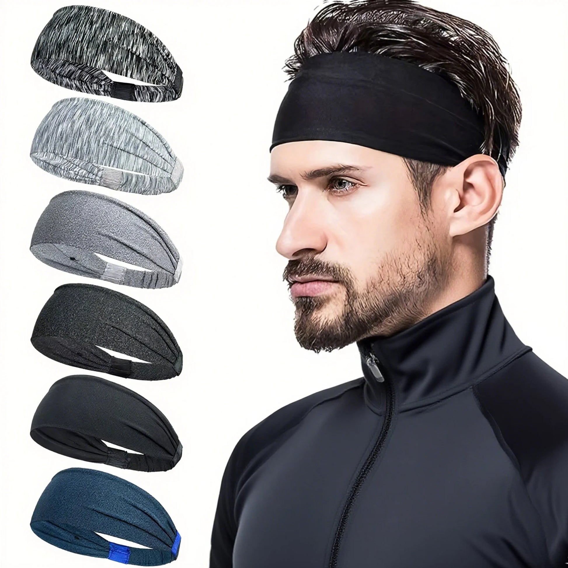 Man wearing a black headband with six other headbands displayed in different colors on a white background.