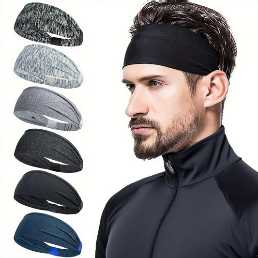 Man wearing a black headband with six other headbands displayed in different colors on a white background.