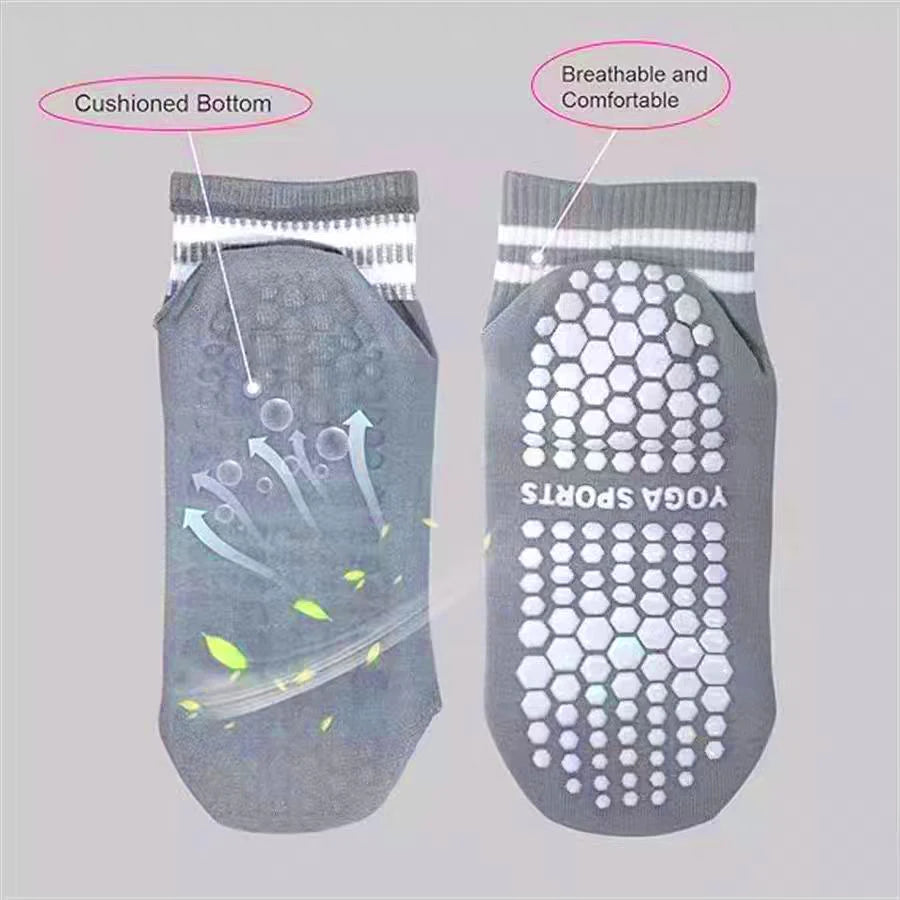Women's Non-Slip Grip Socks - Pilates, Running, Yoga & Workout Socks with Double Stripes