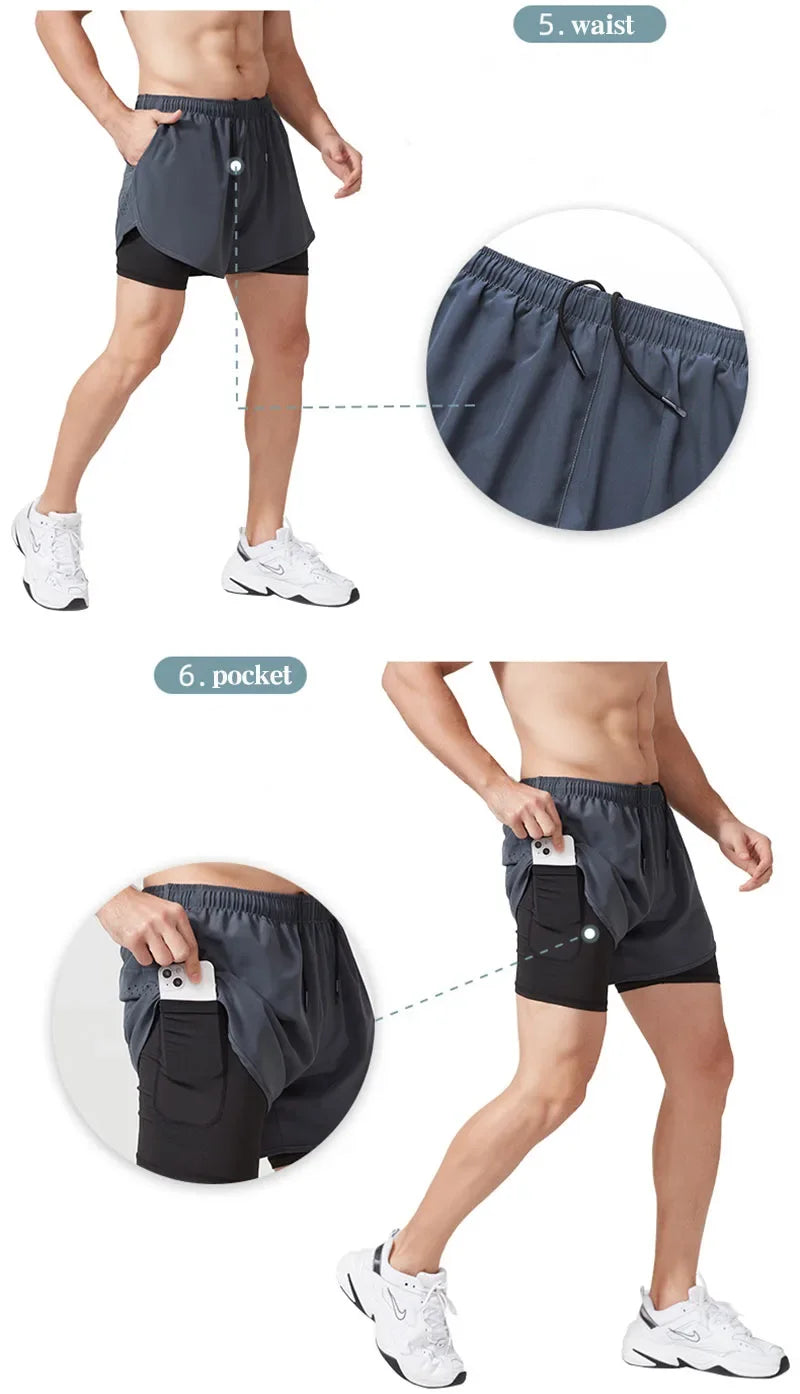 Men's 2-in-1 Running Shorts - Quick Dry Double Layer Bodybuilding Shorts