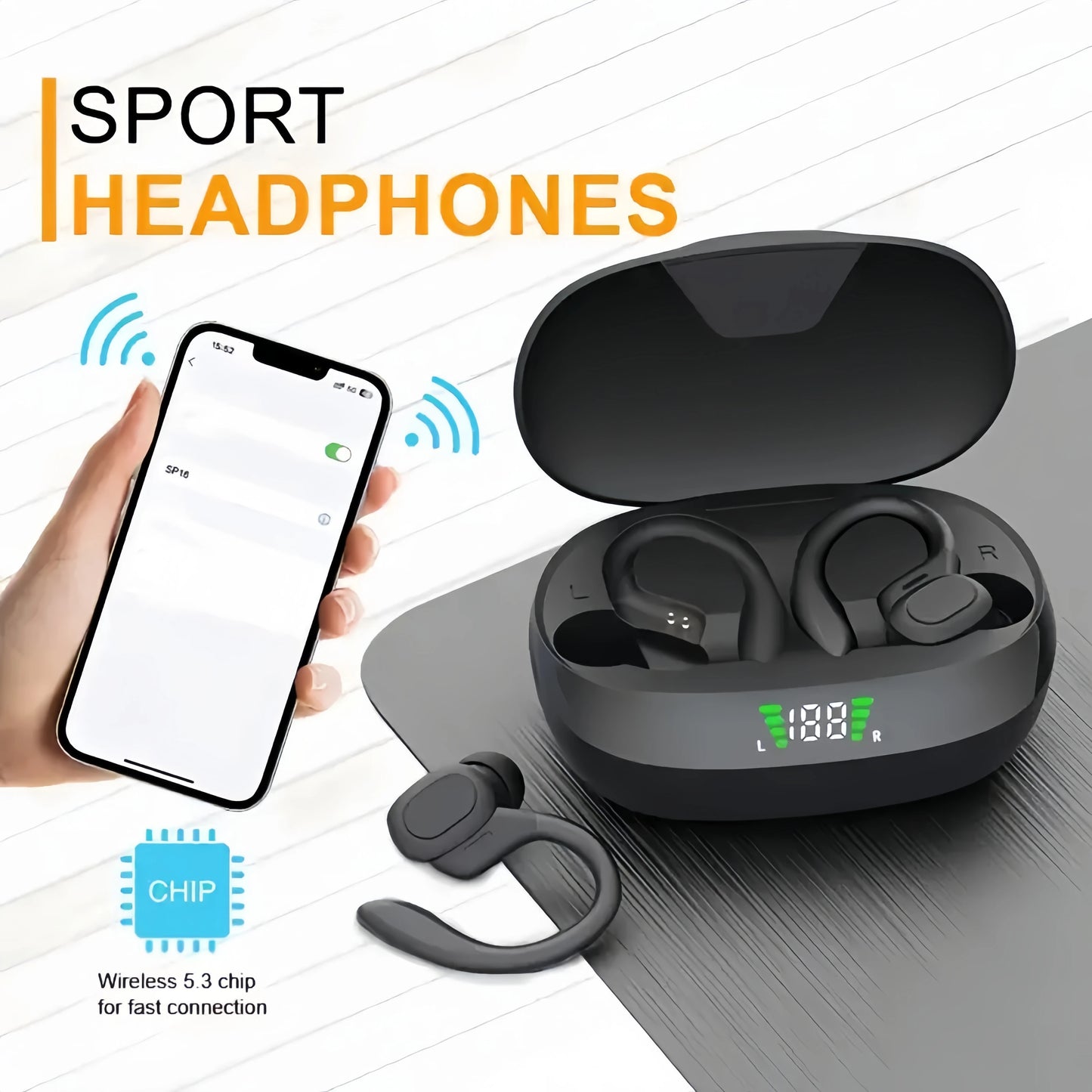 True Wireless Sports Earbuds – Ear Clip Design with Mic & LED Display