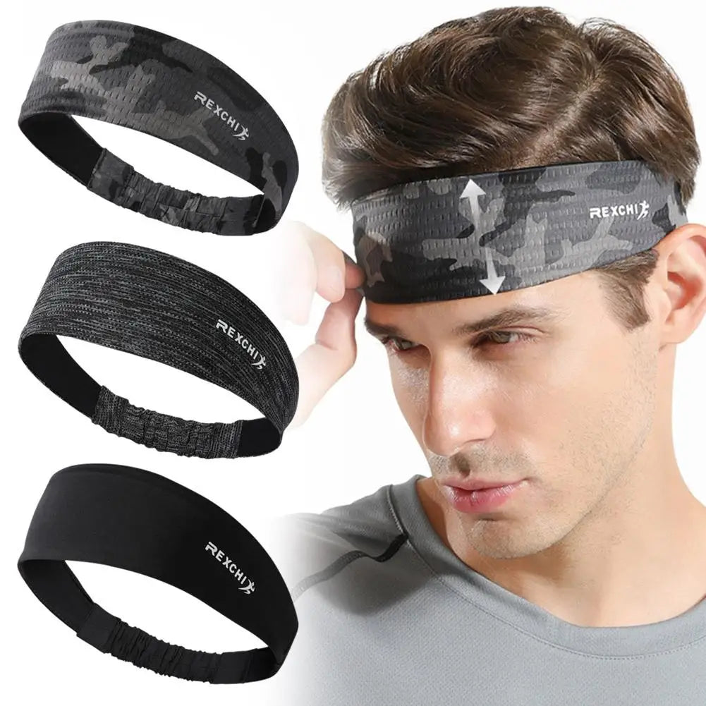 Man wearing non-slip moisture-wicking elastic running headband