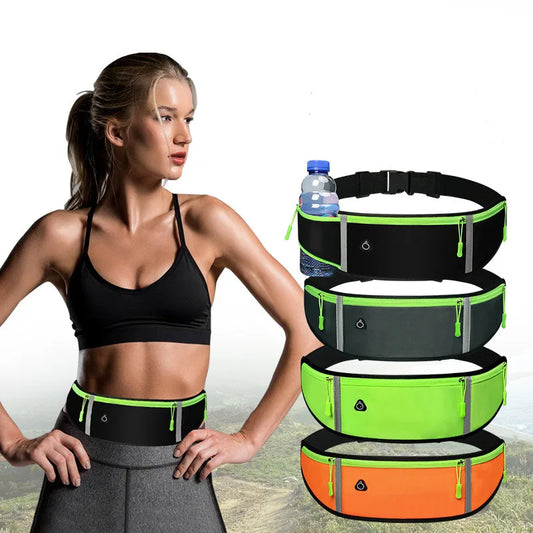 "Black running belt with zippered pockets for phone and essentials"