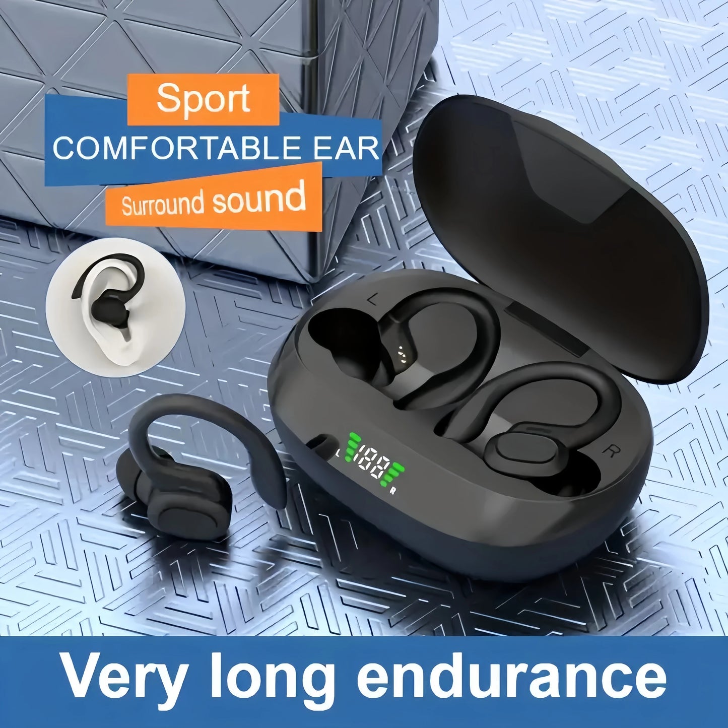 True Wireless Sports Earbuds – Ear Clip Design with Mic & LED Display