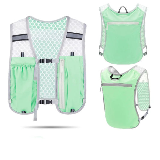 Waterproof running vest with reflective details and hydration storage"