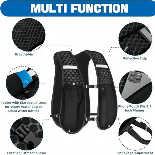 Breathable hydration vest with reflective strips and water bottle holders"