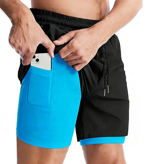 Men's 2-in-1 running shorts with double layer design and inner compression liner" 