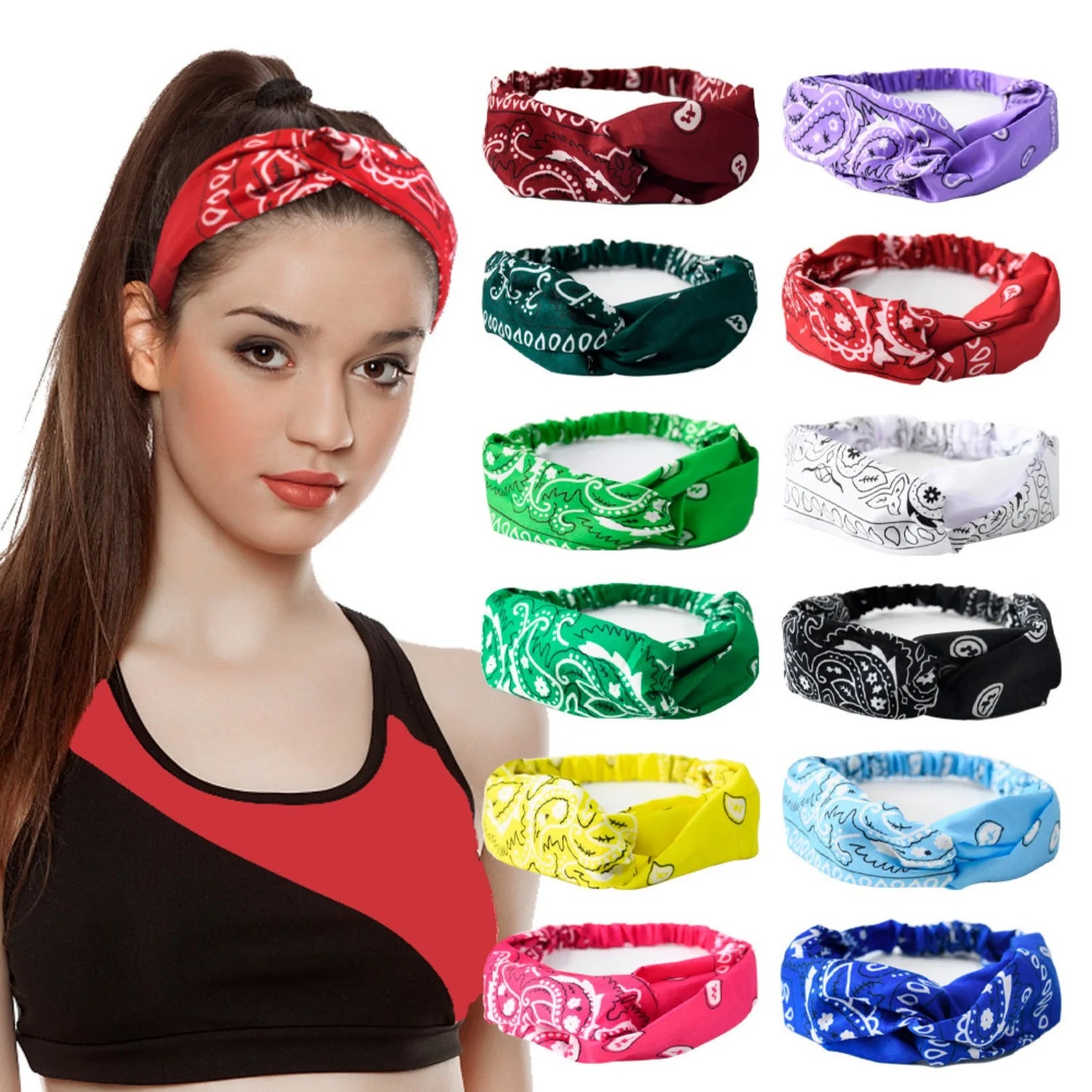 Woman wearing knotted sweat-absorbing running headband