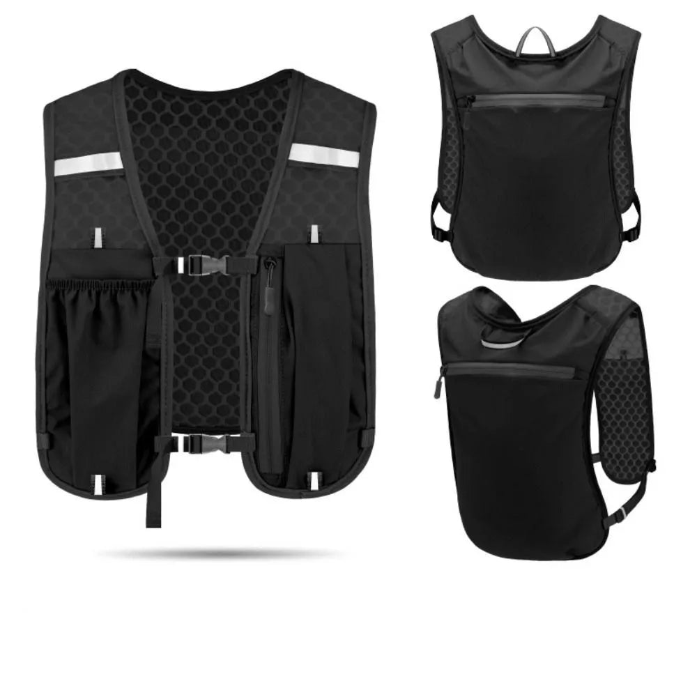 Reflective hydration vest with water bottle pockets for running and cycling"