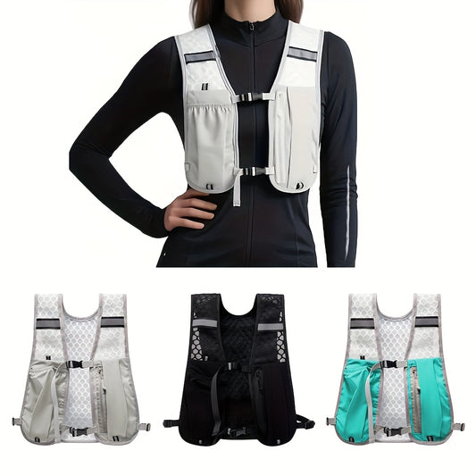 Woman wearing grey lightweight running hydration vest with multi-pockets