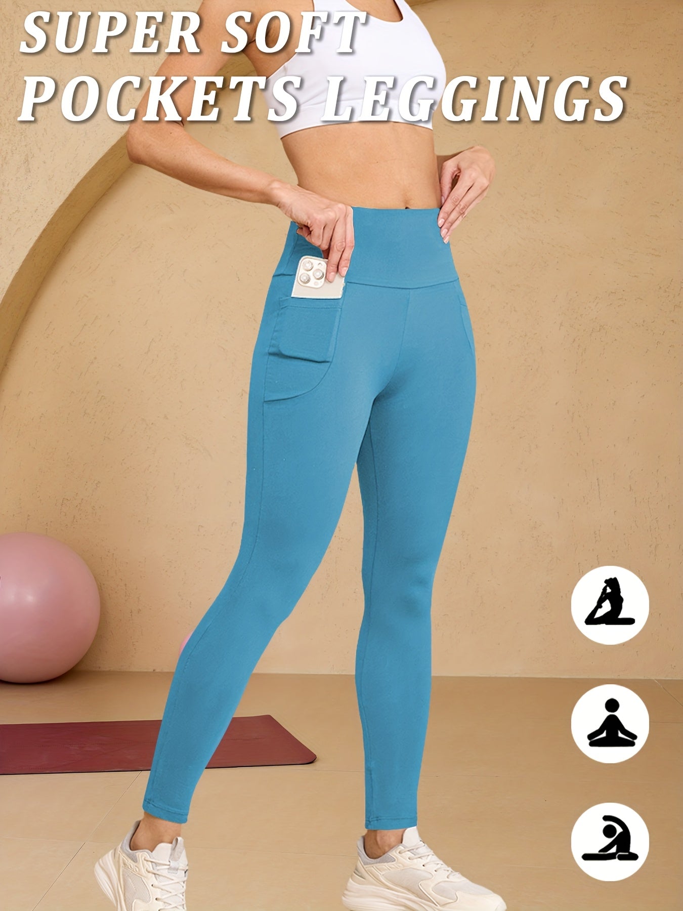 High-Waisted Running Leggings - Tummy Control Workout Pants with Pockets