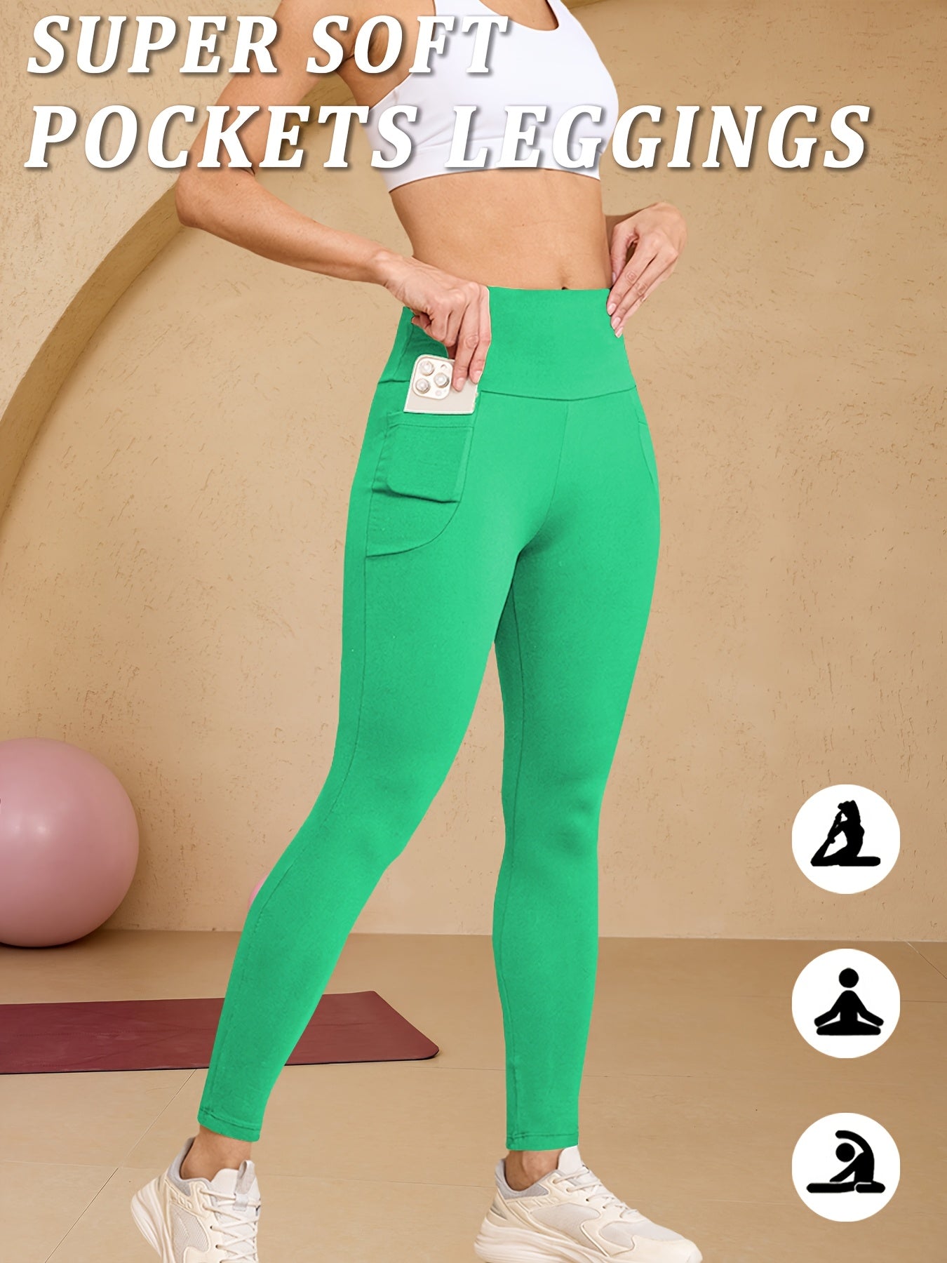 High-Waisted Running Leggings - Tummy Control Workout Pants with Pockets