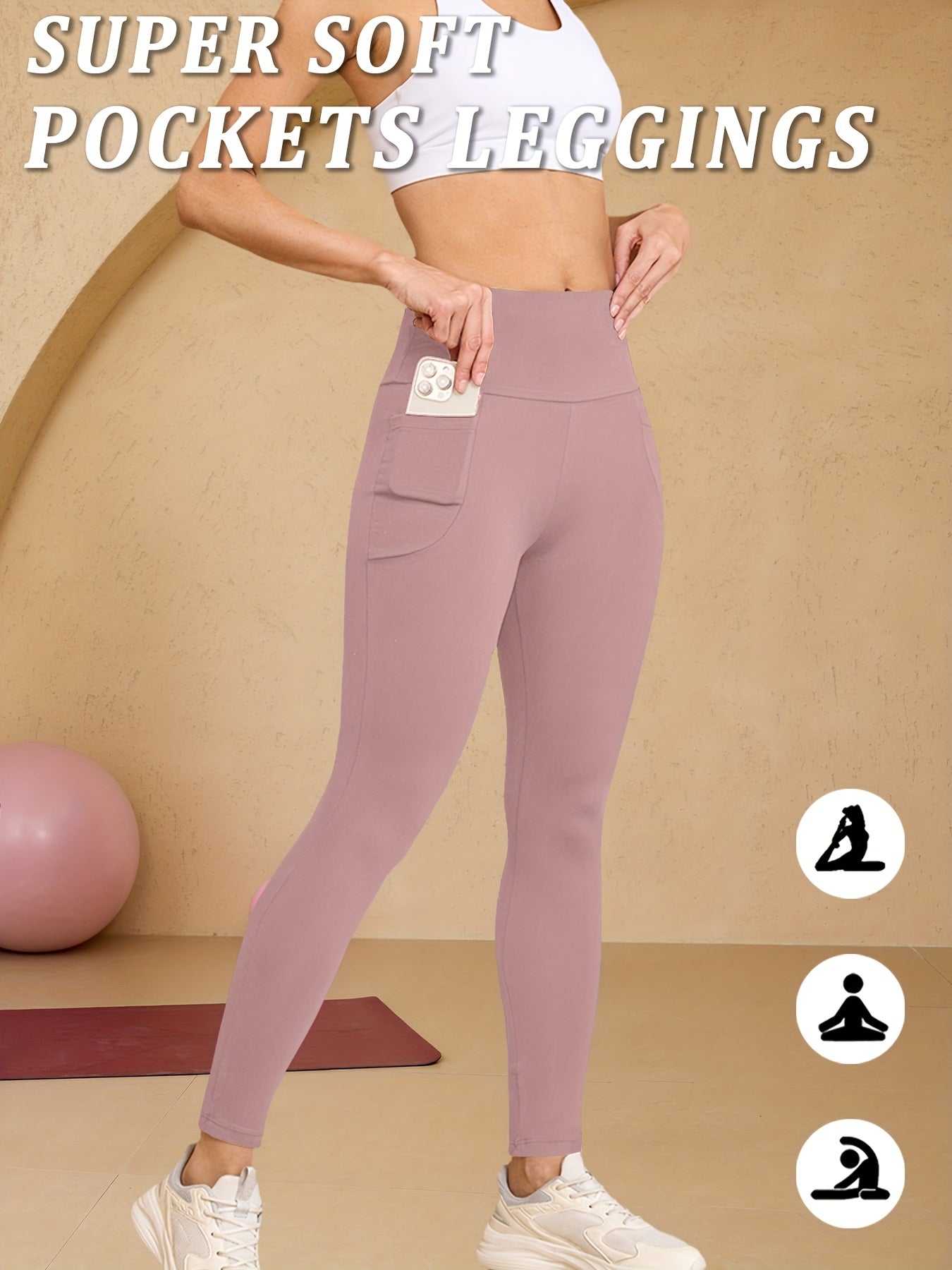  Woman wearing pink high-waisted running leggings with pockets