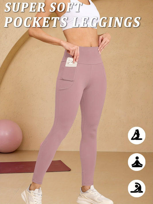  Woman wearing pink high-waisted running leggings with pockets