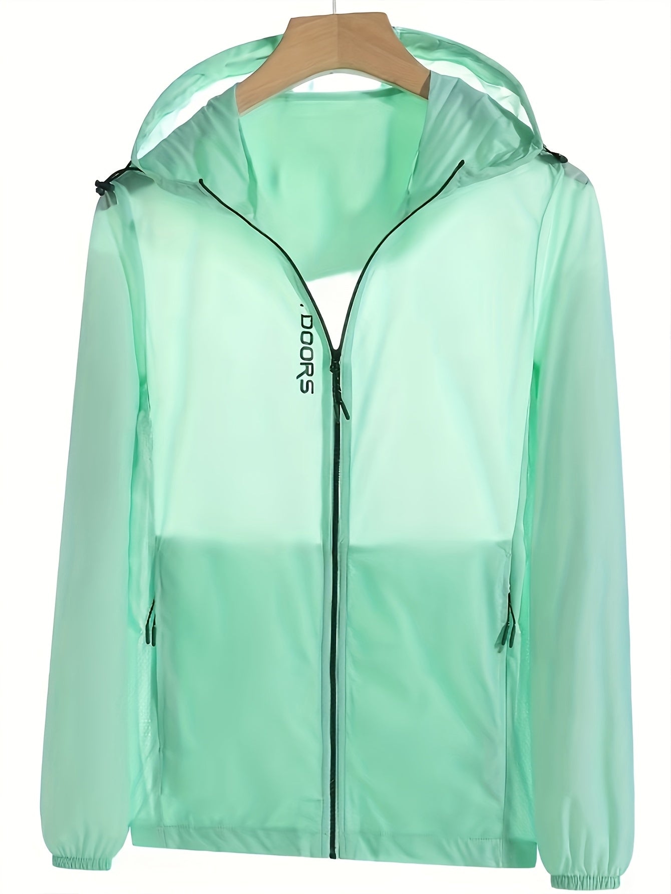 Light green jacket on a hanger with 'DOOS' branding.