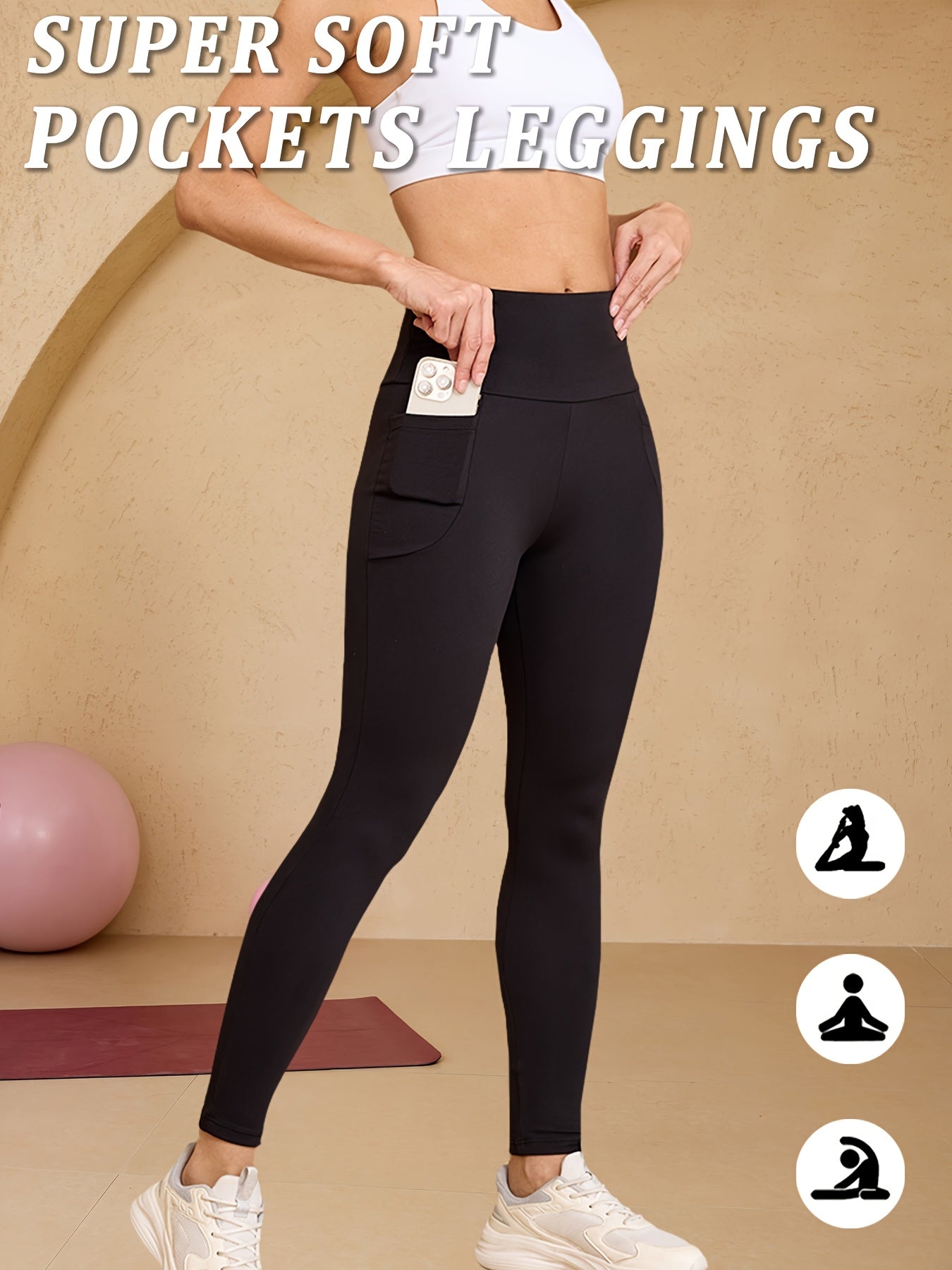 High-Waisted Running Leggings - Tummy Control Workout Pants with Pockets