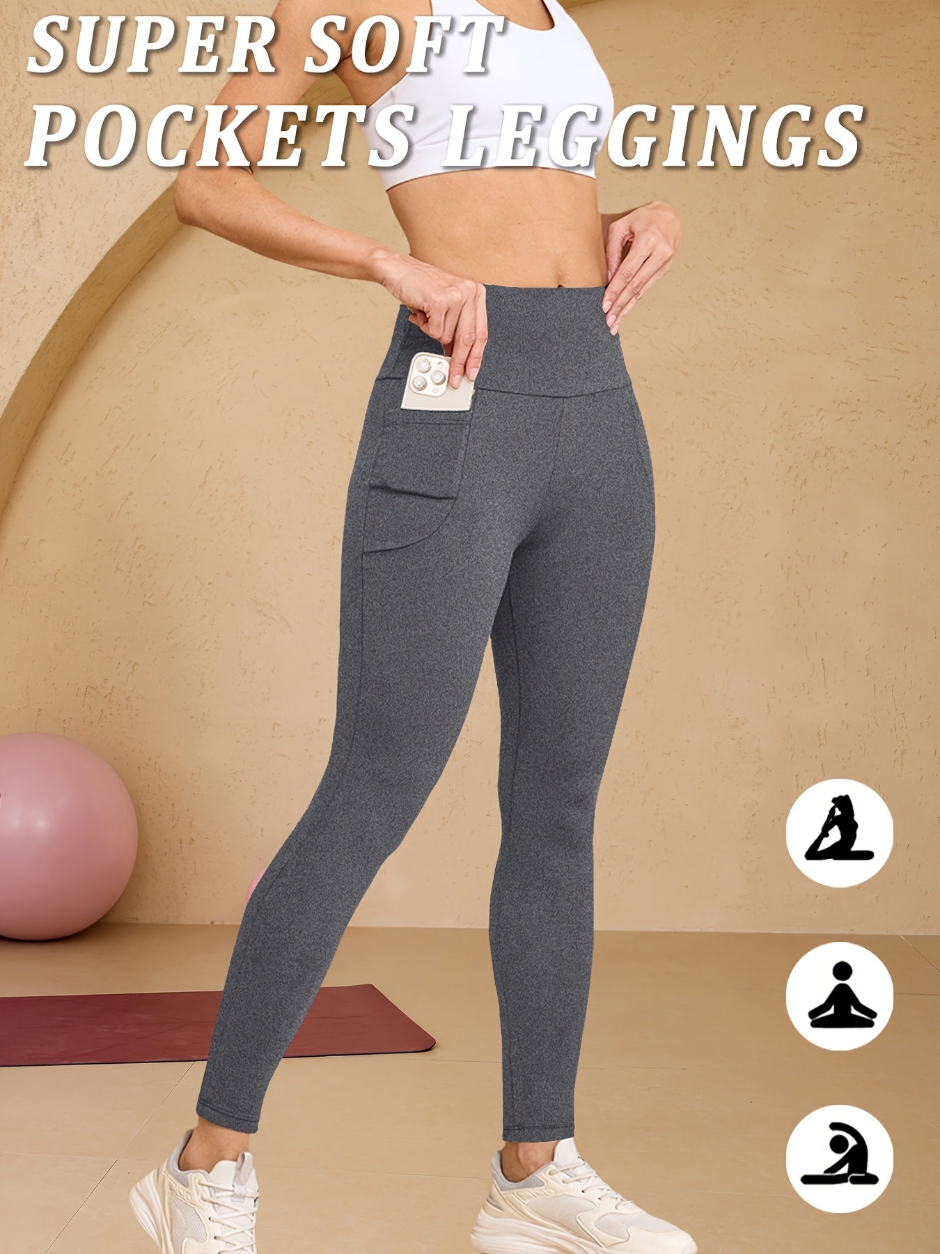 High-Waisted Running Leggings - Tummy Control Workout Pants with Pockets
