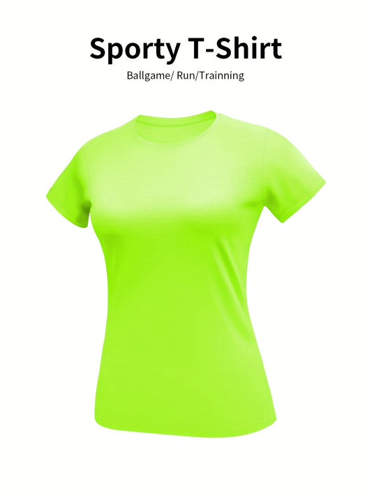 Neon green t-shirt on a white background with text indicating its use for ballgame, run, or training.