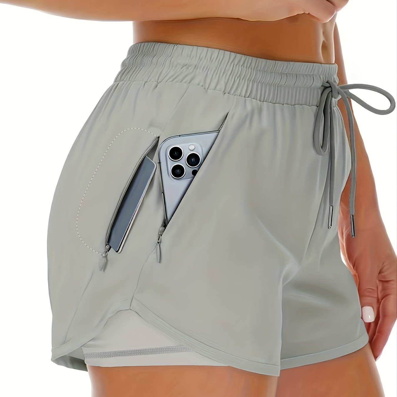 Women's Casual Running Shorts - Beige with Drawstring & Multiple Pockets